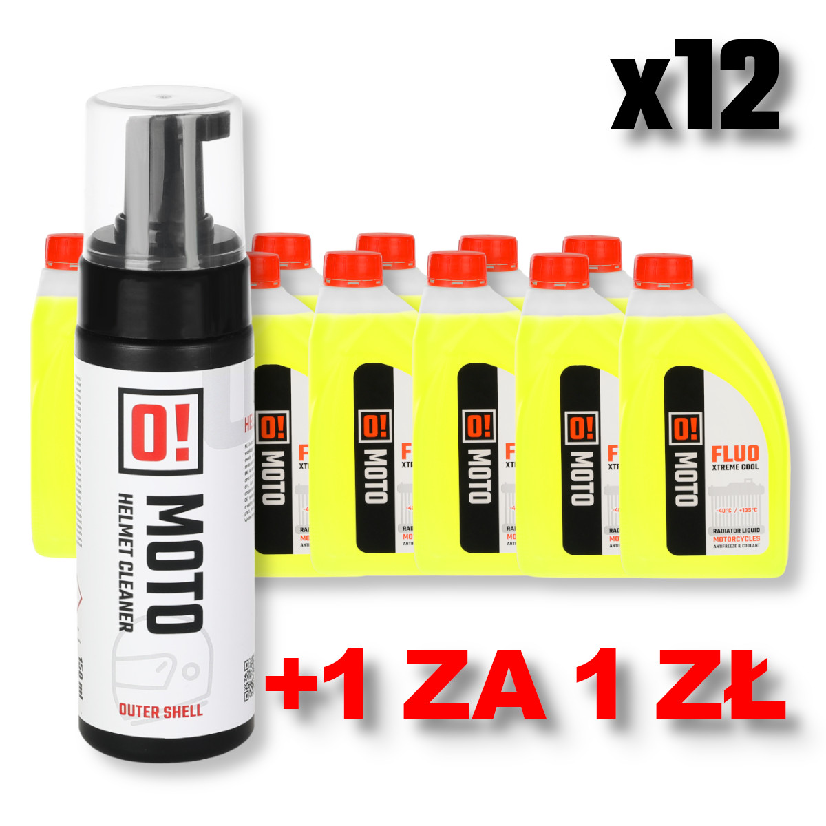 OMOTO pack of 12 pcs coolant 1L O! FLUO XTREME COOL + OMOTO helmet cleaning foam 150ML O! FOAM FRESH HELMET CLEANER